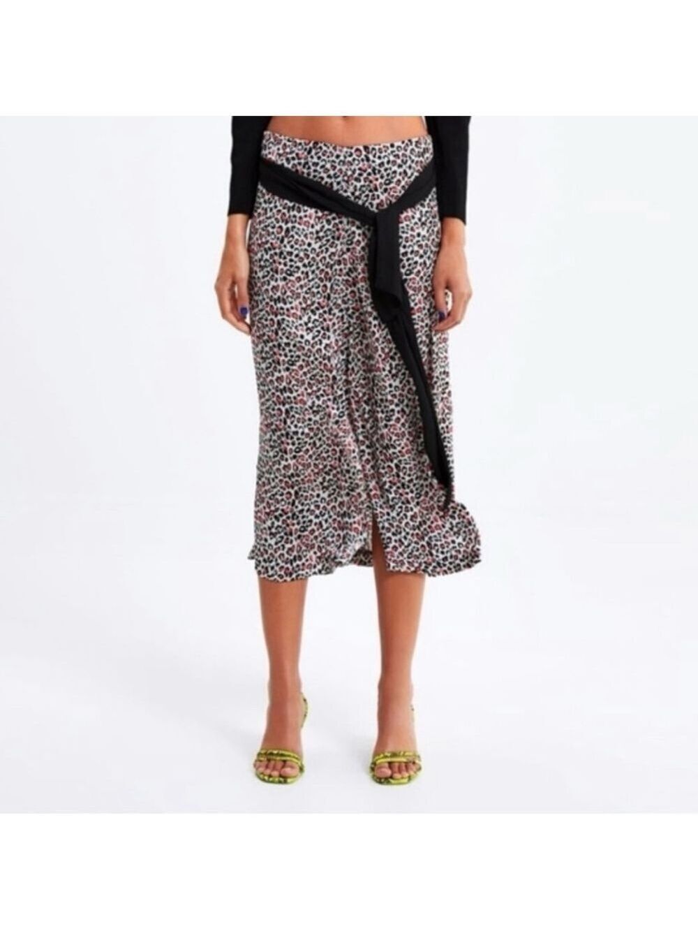 Zara Leopard Print Midi Skirt Red Black White Size M